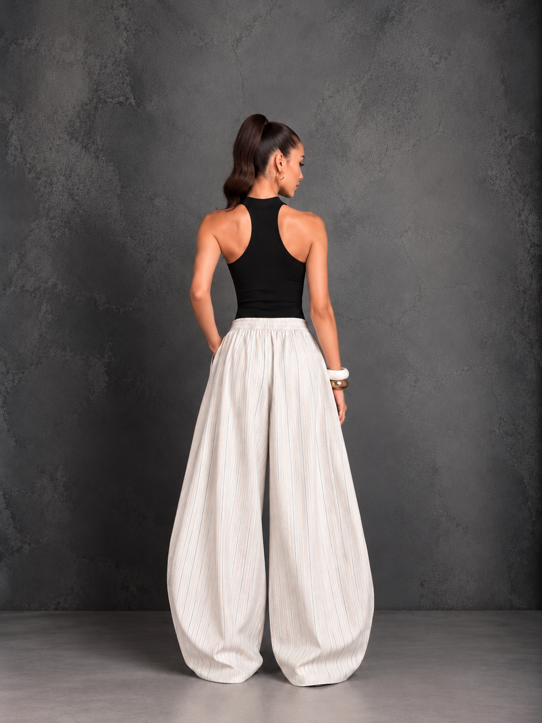 Anaya- Beige High Rise Striped Barrel Pants