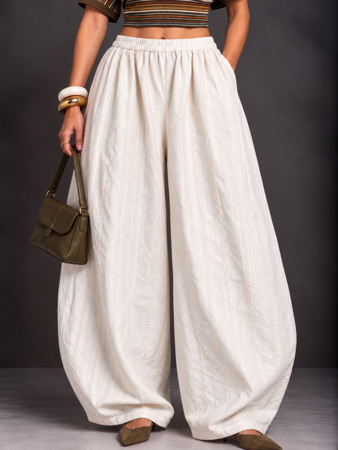 Mishri - White High Rise Barrel Pants