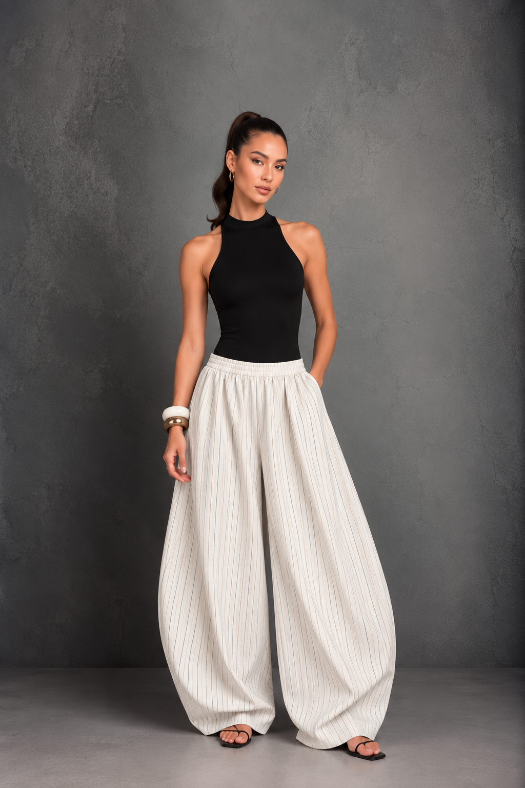 Anaya- Beige High Rise Striped Barrel Pants
