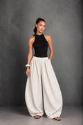 Anaya- Beige High Rise Striped Barrel Pants