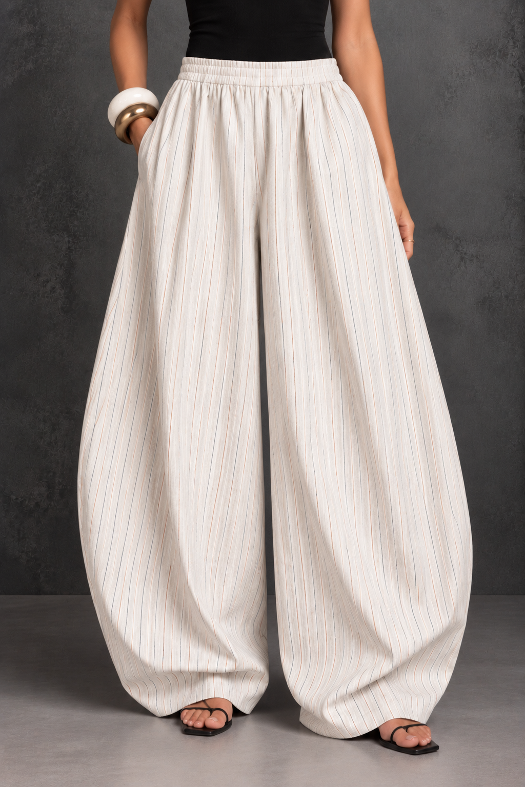 Anaya- Beige High Rise Striped Barrel Pants