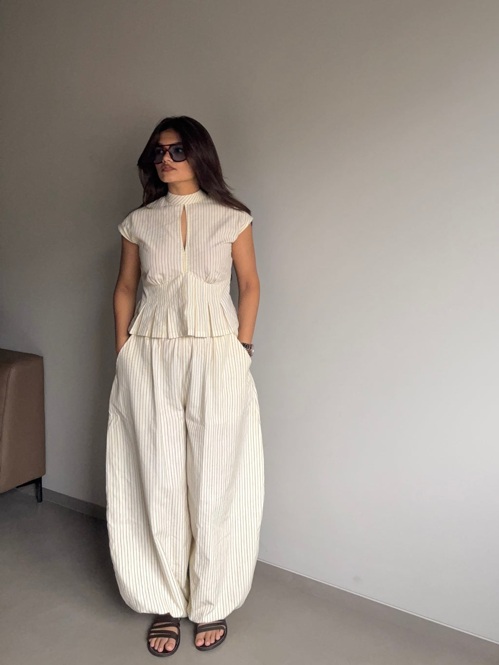 Mysha- Beige High Rise Striped Balloon Pants