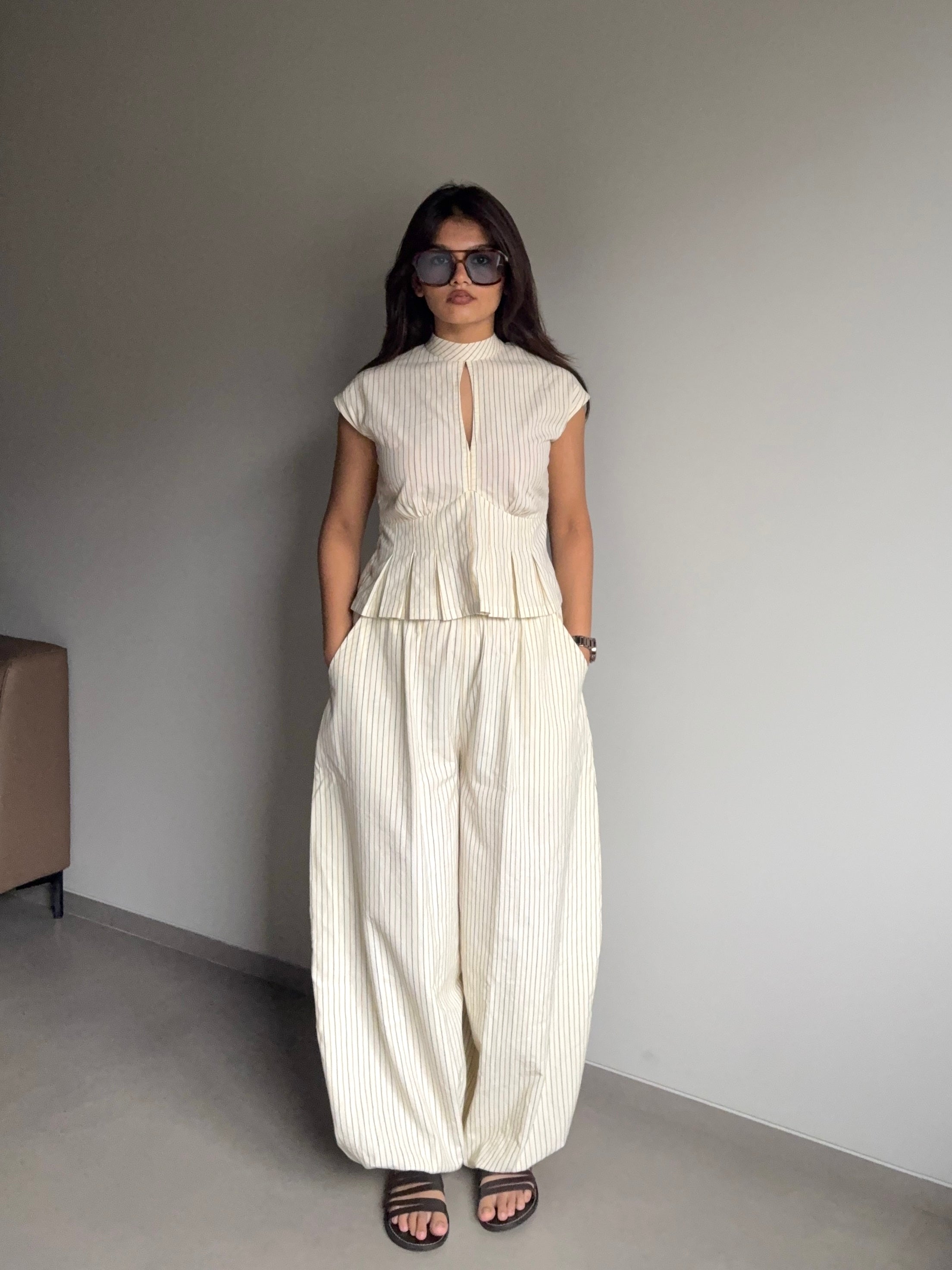 Mysha- Beige High Rise Striped Balloon Pants
