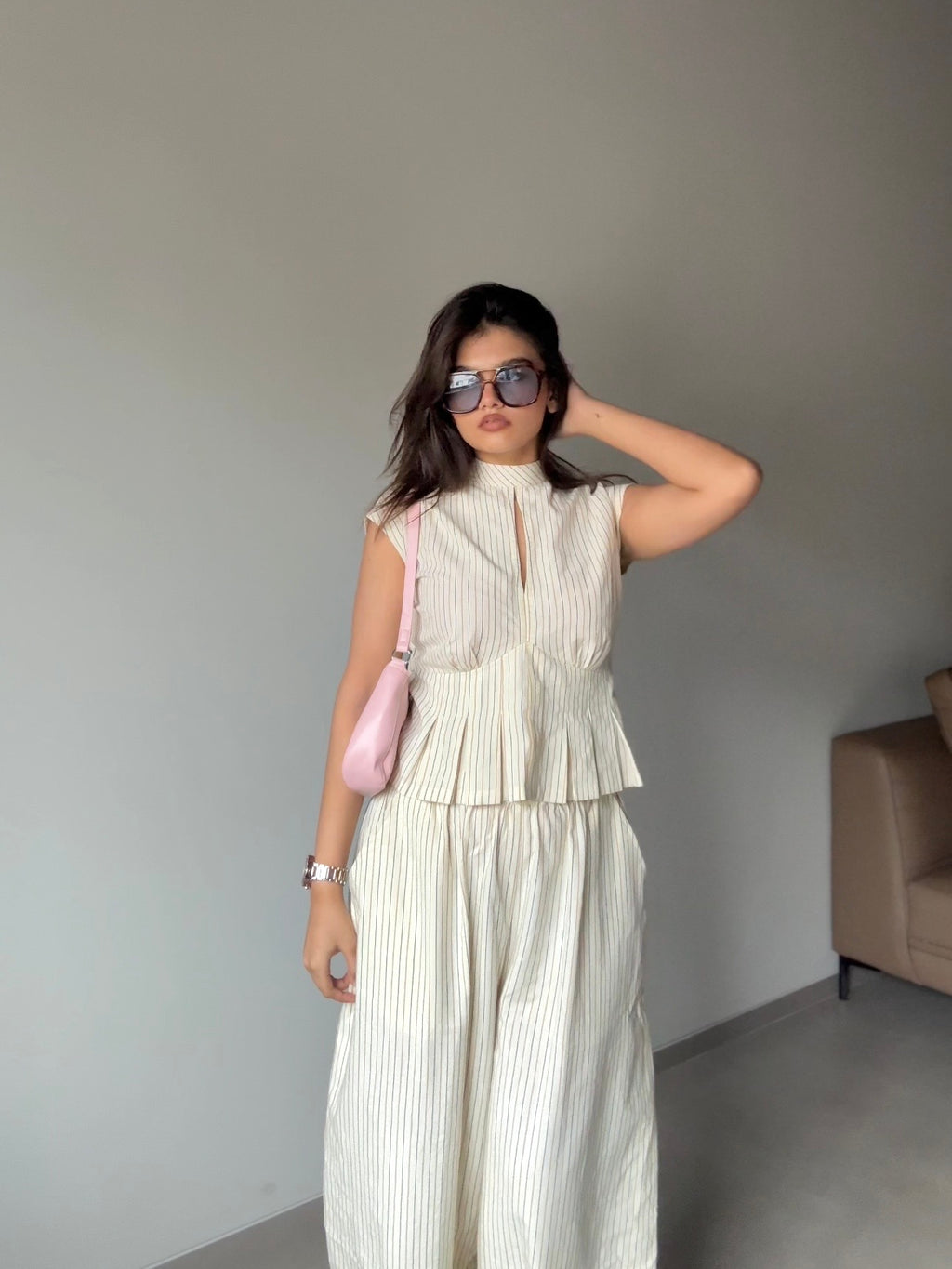 Amaira -Beige Structured Top with Tie Detailing