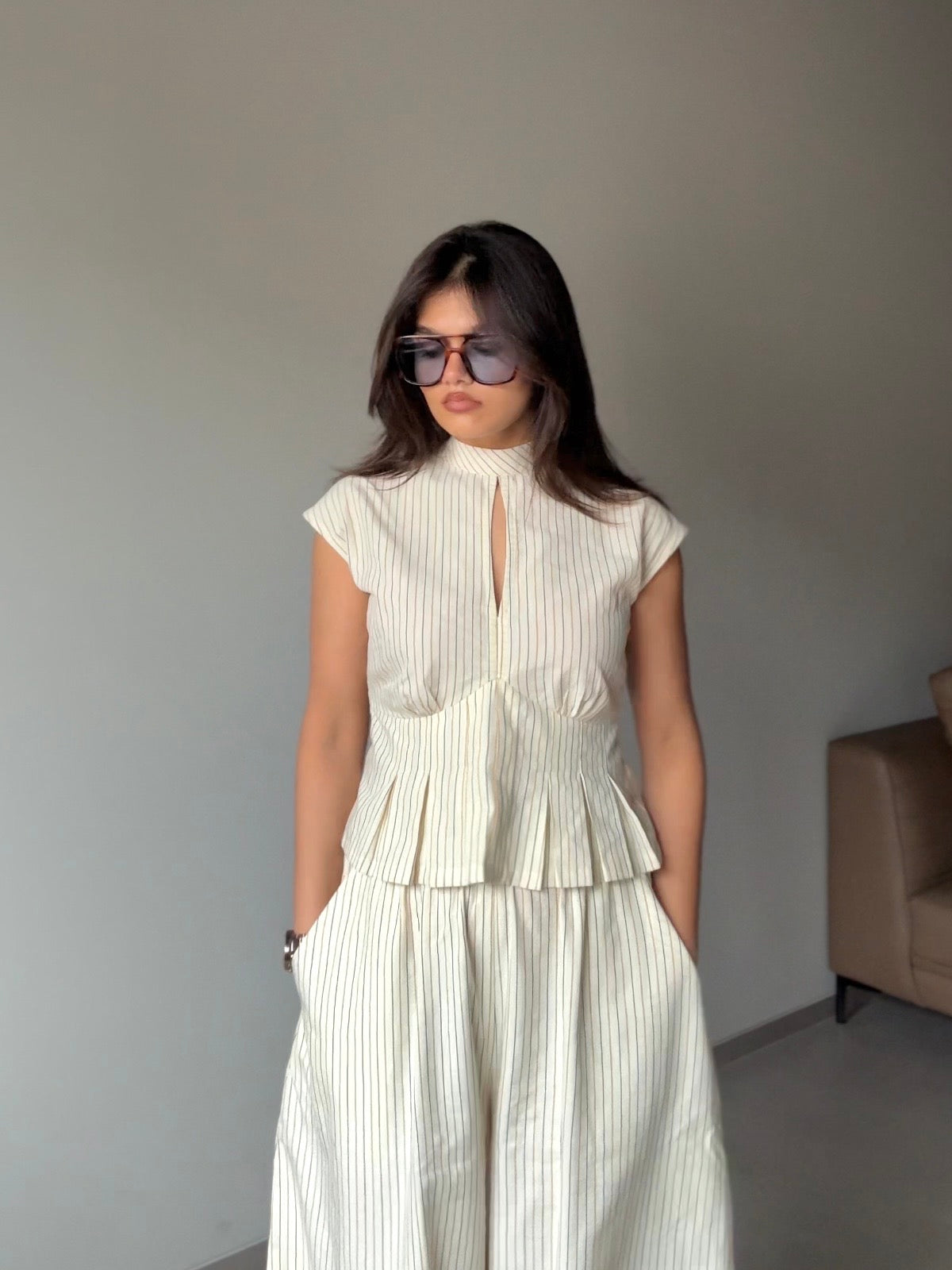 Amaira -Beige Structured Top with Tie Detailing