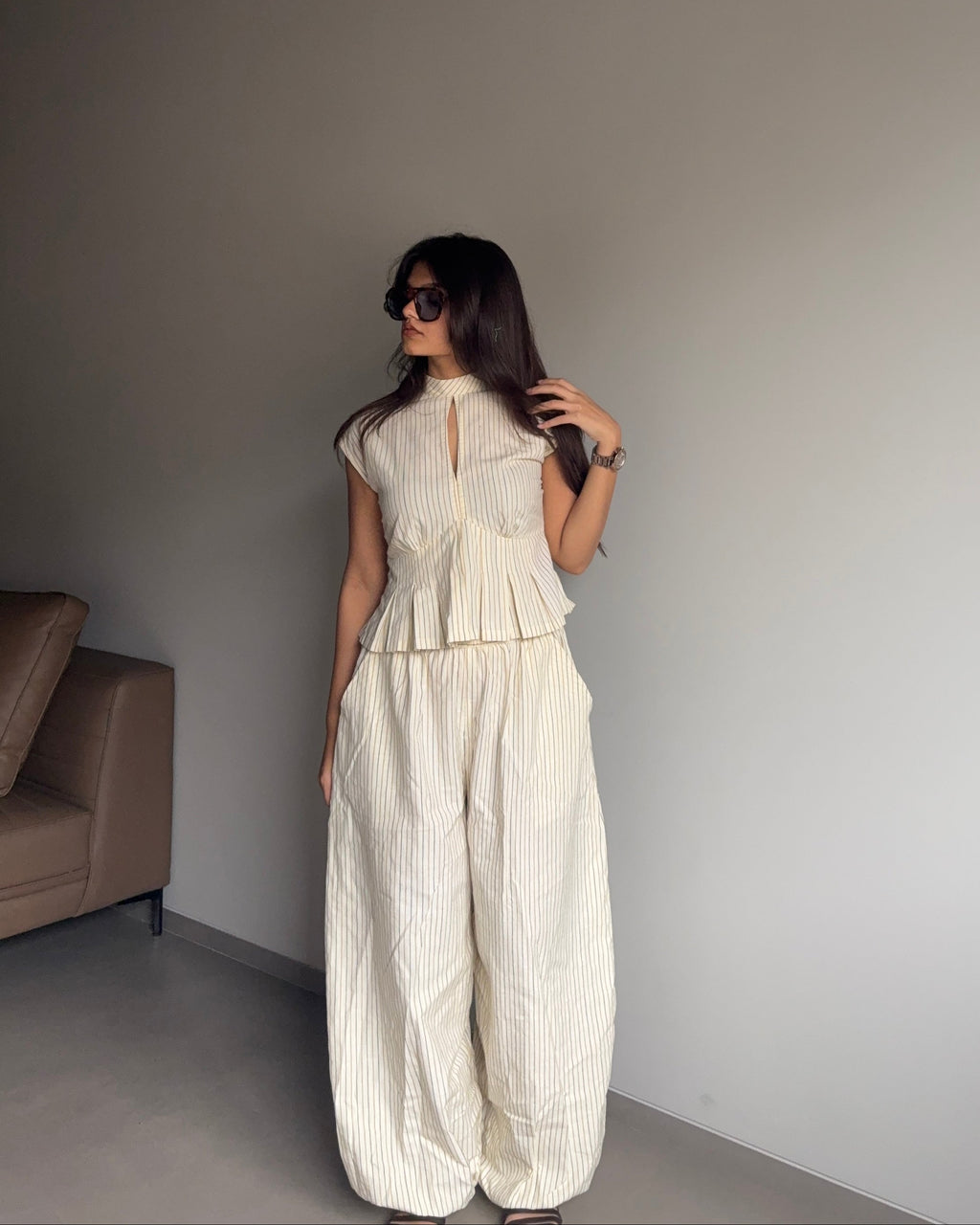 Mysha- Beige High Rise Striped Balloon Pants