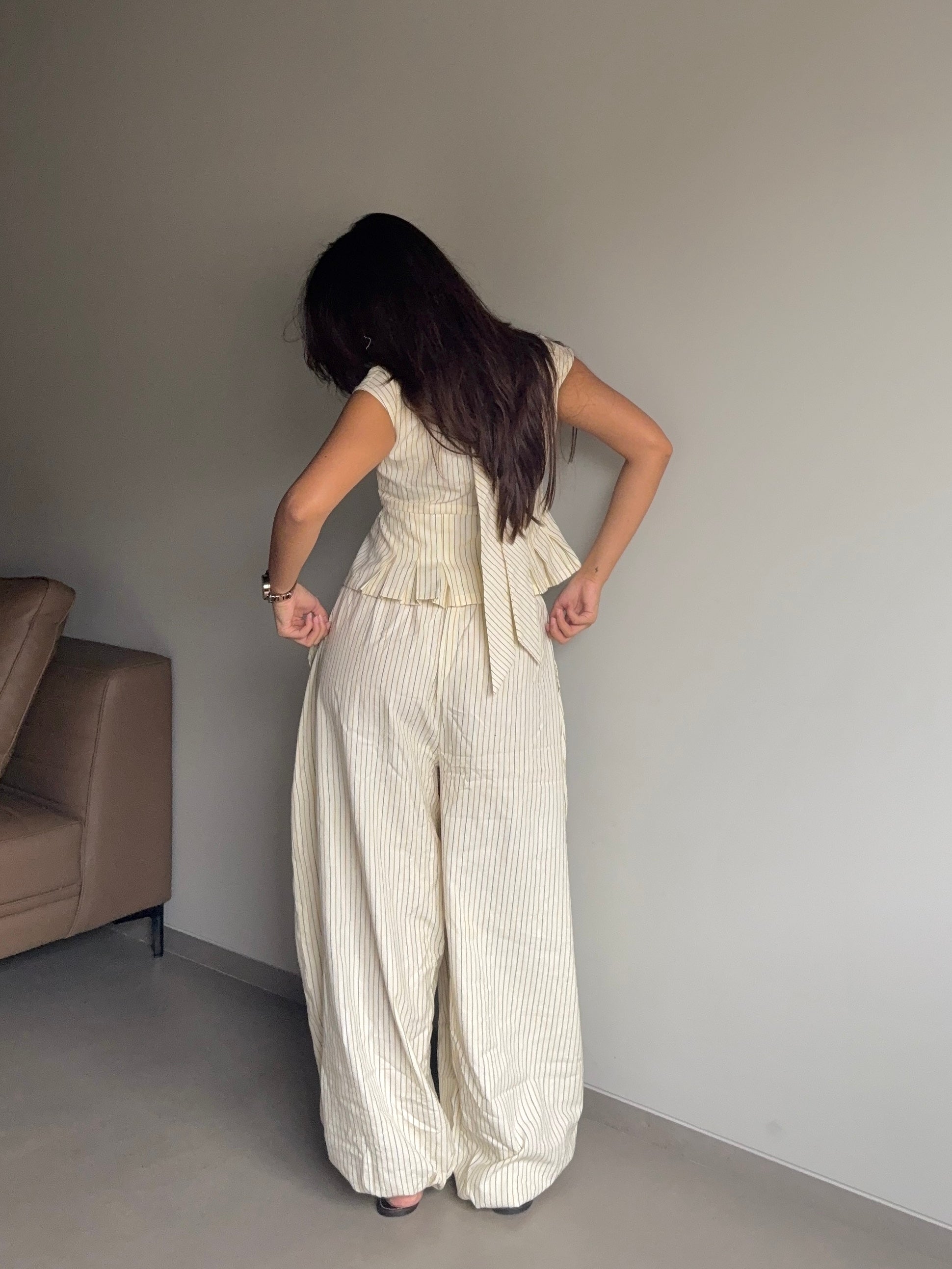 Mysha- Beige High Rise Striped Balloon Pants