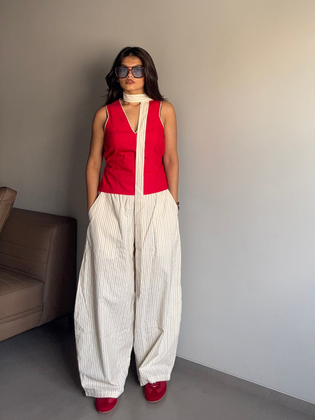 Anaya- Beige High Rise Striped Barrel Pants