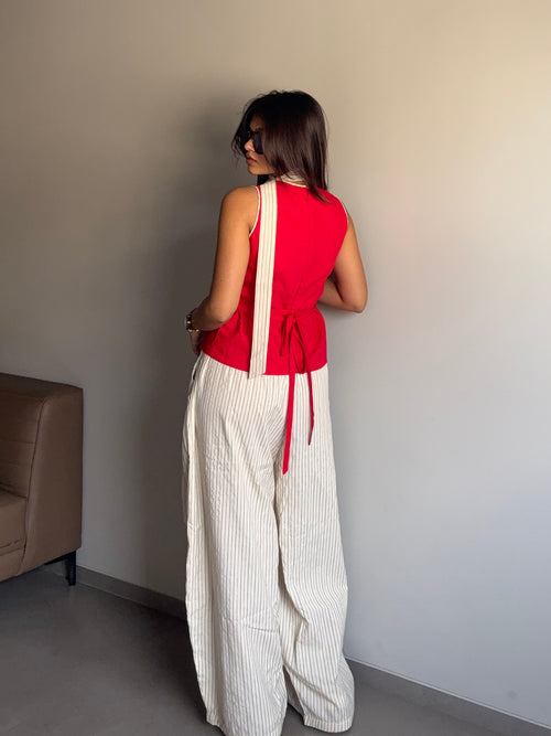 Anaya- Beige High Rise Striped Barrel Pants