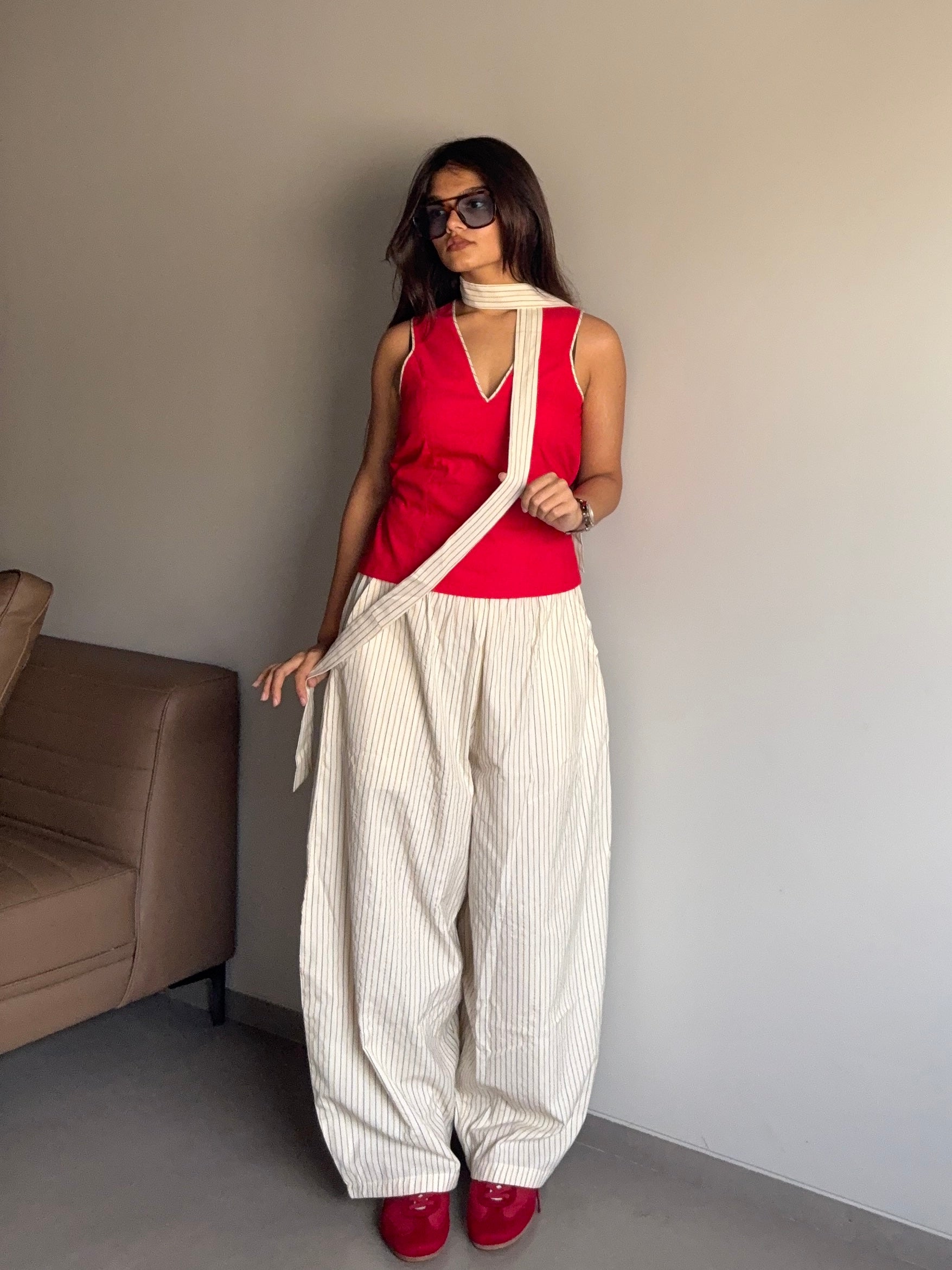 Anaya- Beige High Rise Striped Barrel Pants
