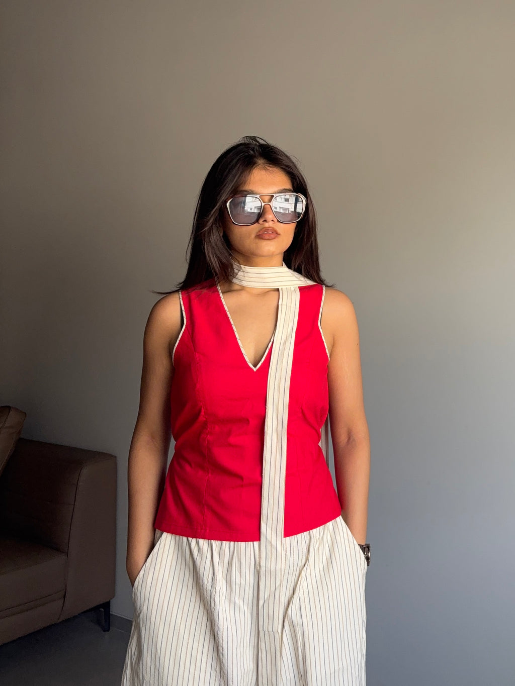 Beige and Red Co-ord Set