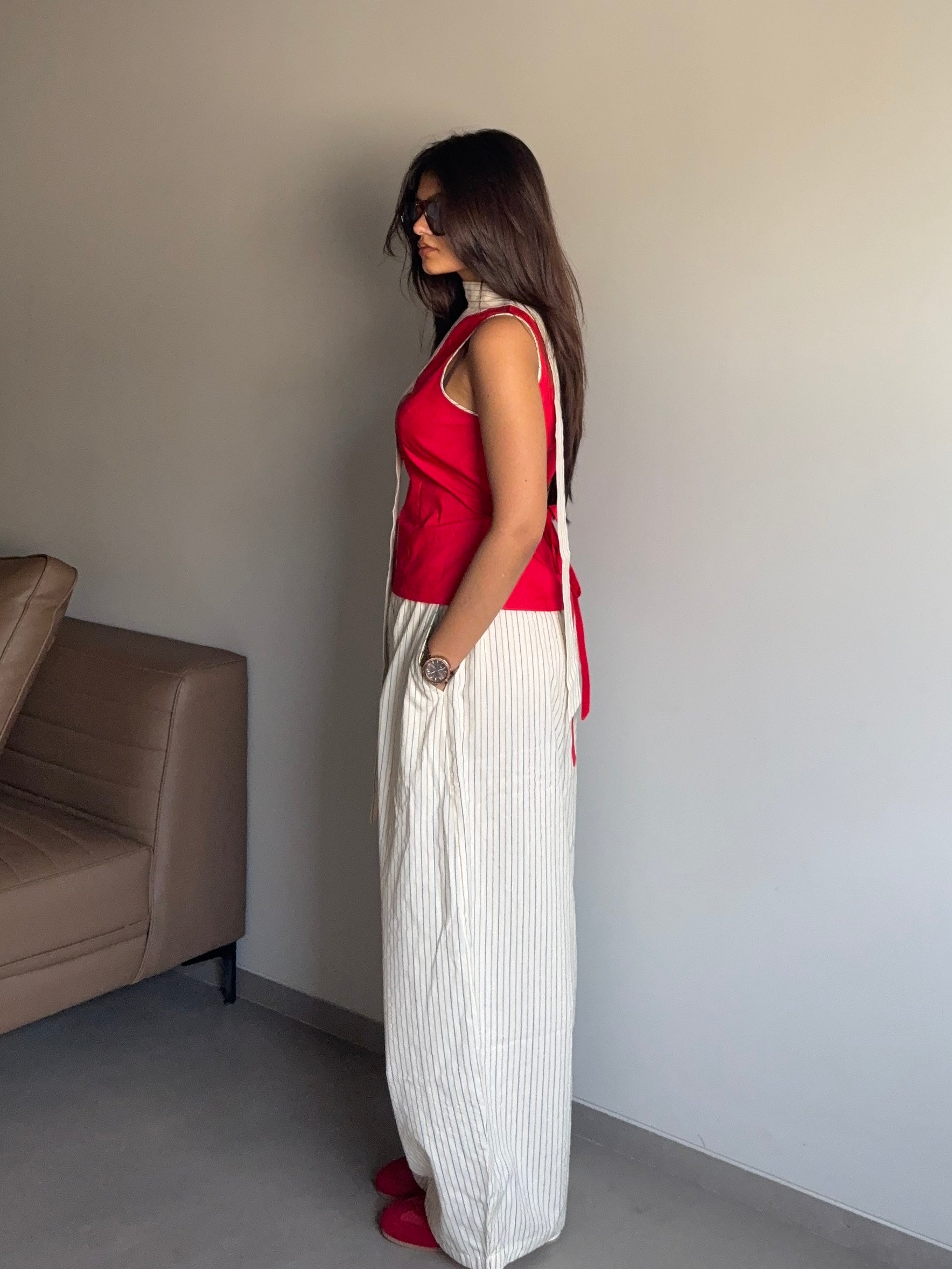 Anaya- Beige High Rise Striped Barrel Pants