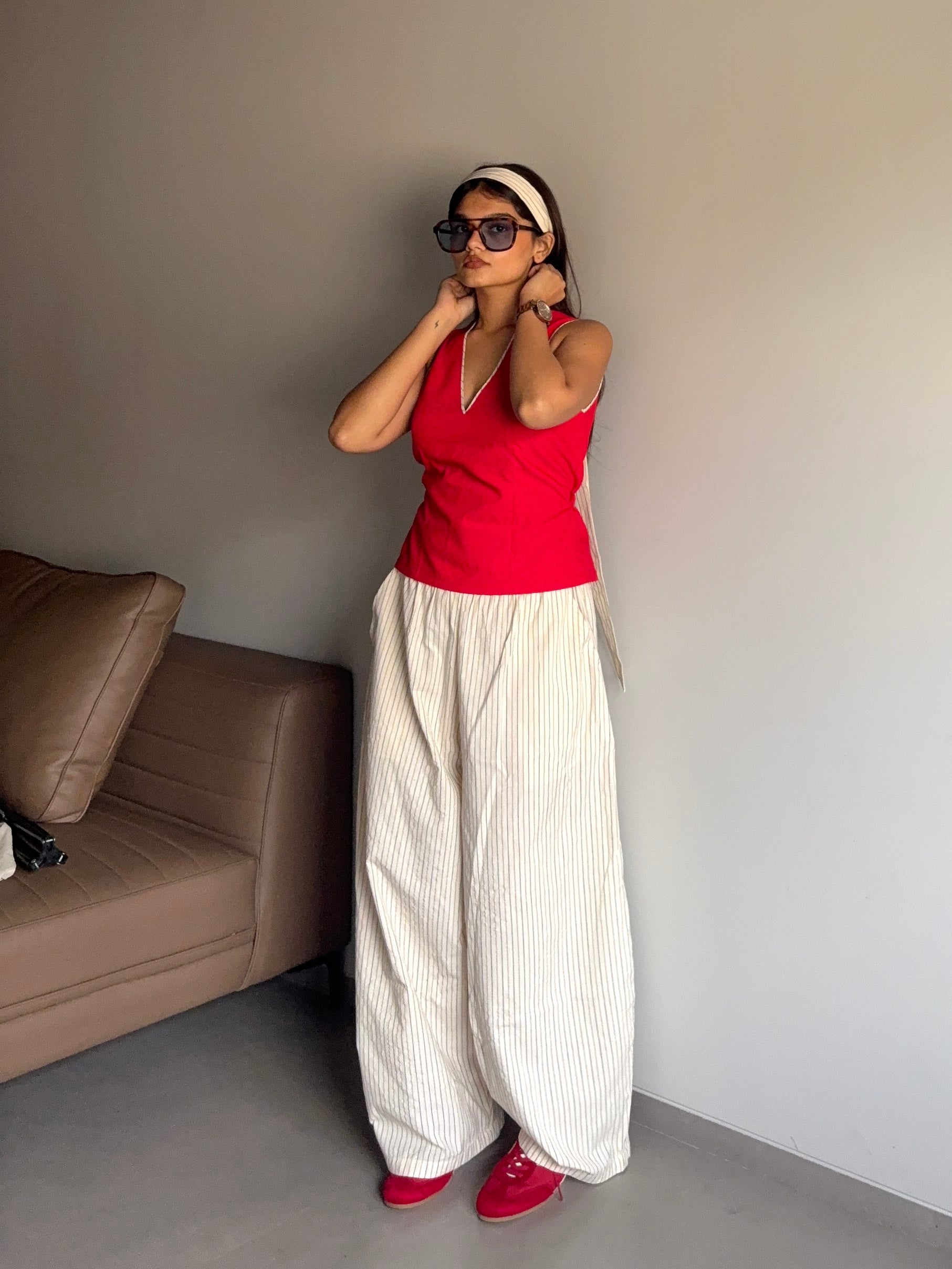 Anaya- Beige High Rise Striped Barrel Pants