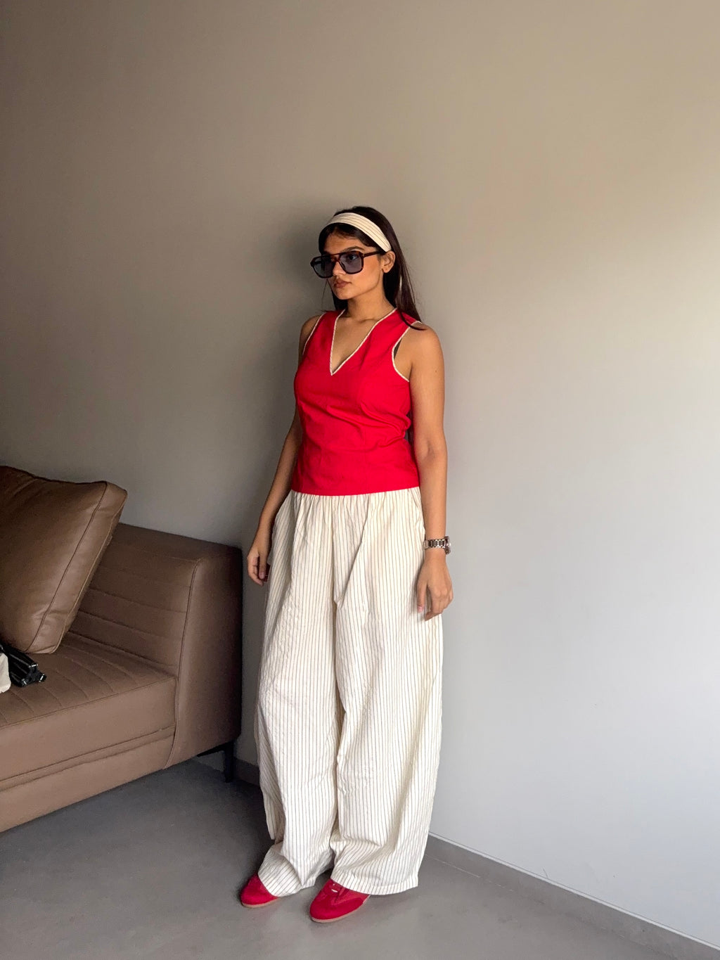 Anaya- Beige High Rise Striped Barrel Pants