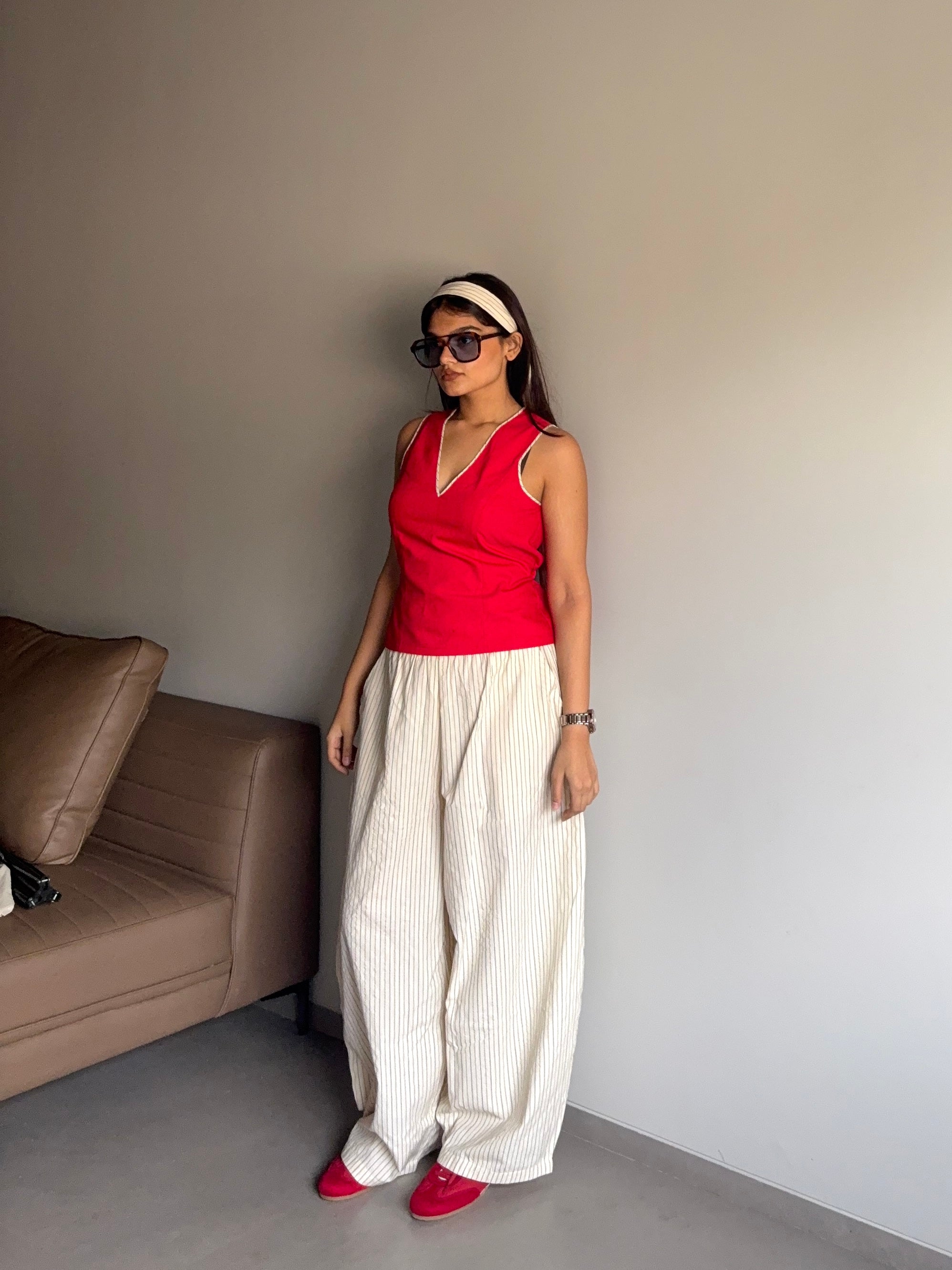 Anaya- Beige High Rise Striped Barrel Pants