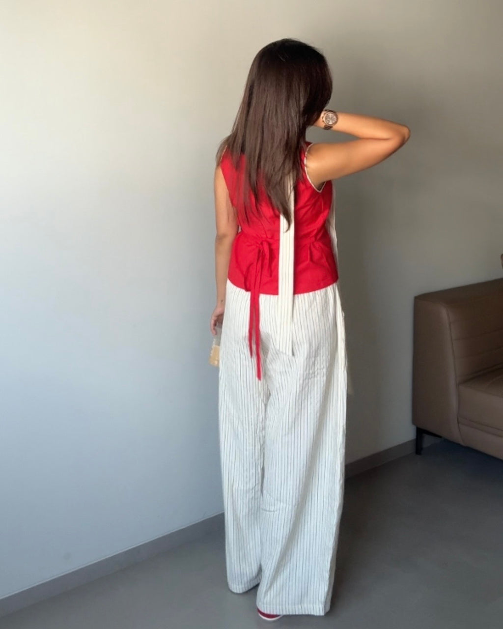Anaya- Beige High Rise Striped Barrel Pants