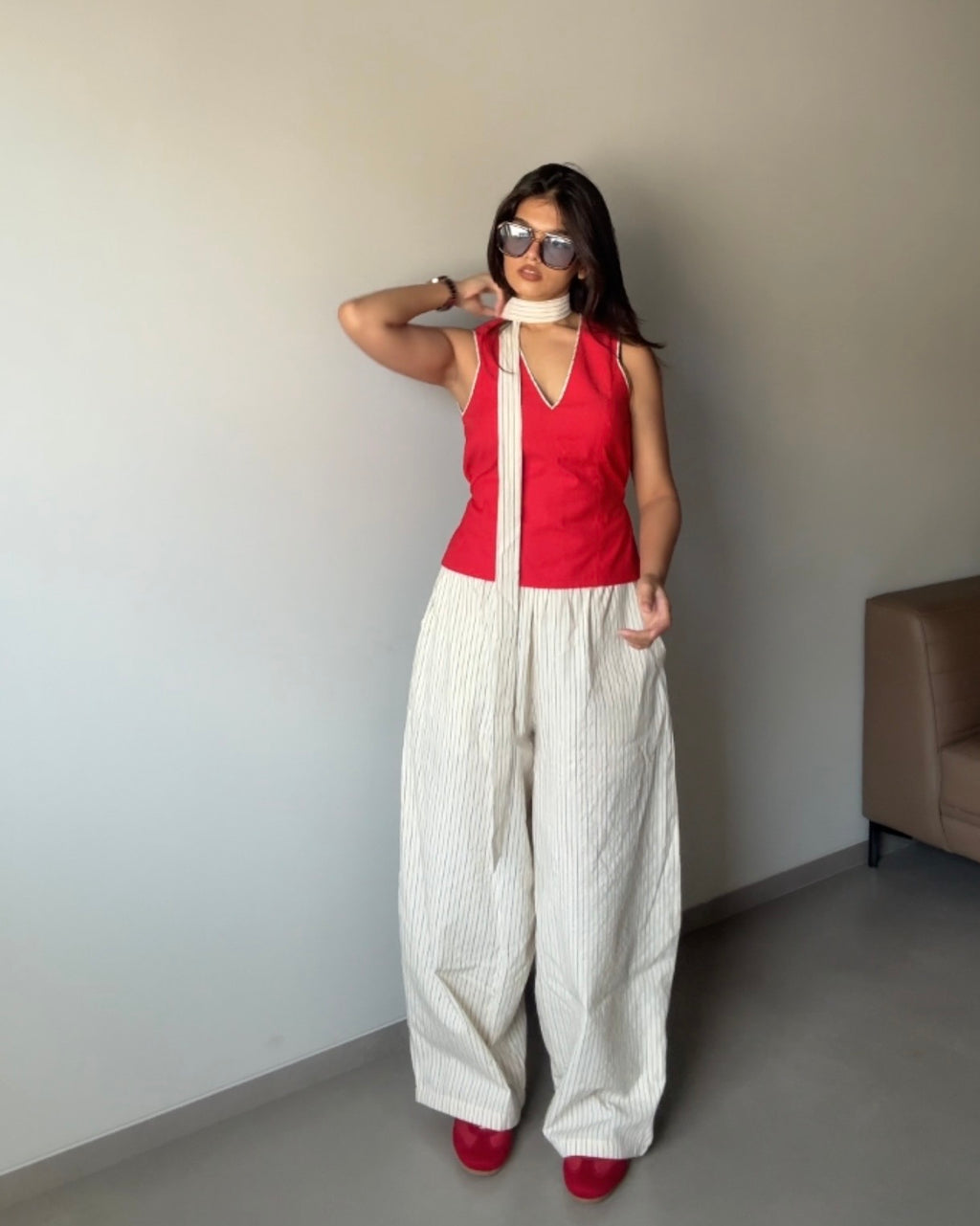 Anaya- Beige High Rise Striped Barrel Pants
