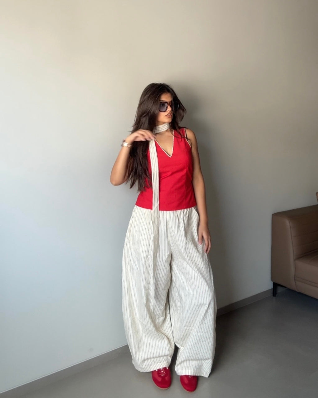 Anaya- Beige High Rise Striped Barrel Pants