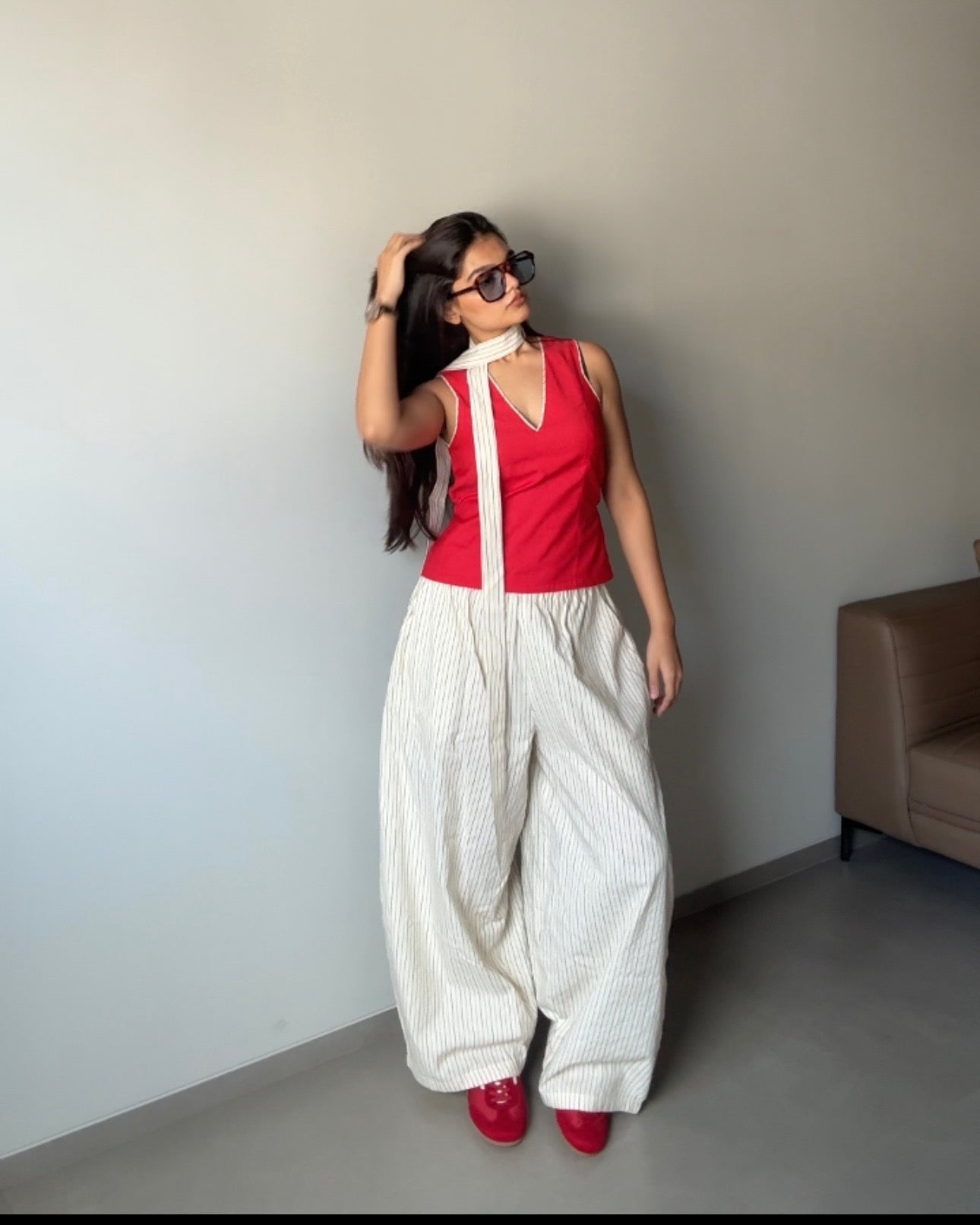 Anaya- Beige High Rise Striped Barrel Pants