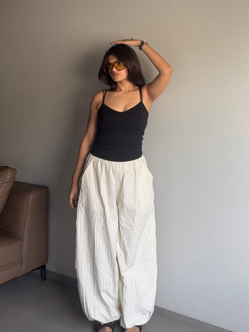 Mysha- Beige High Rise Striped Balloon Pants