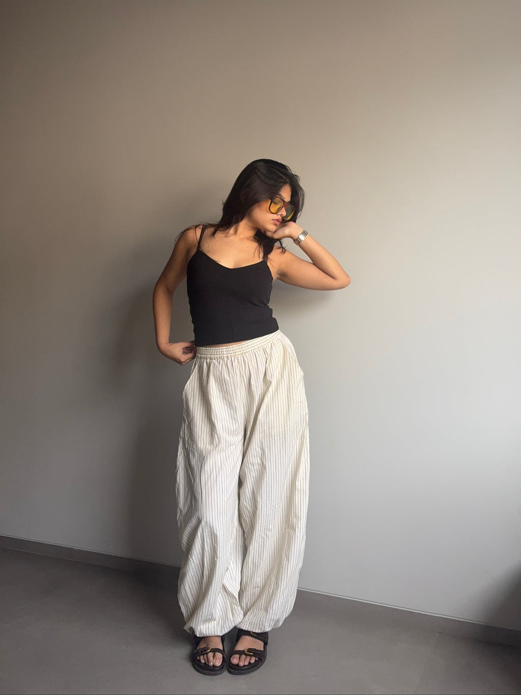 Mysha- Beige High Rise Striped Balloon Pants