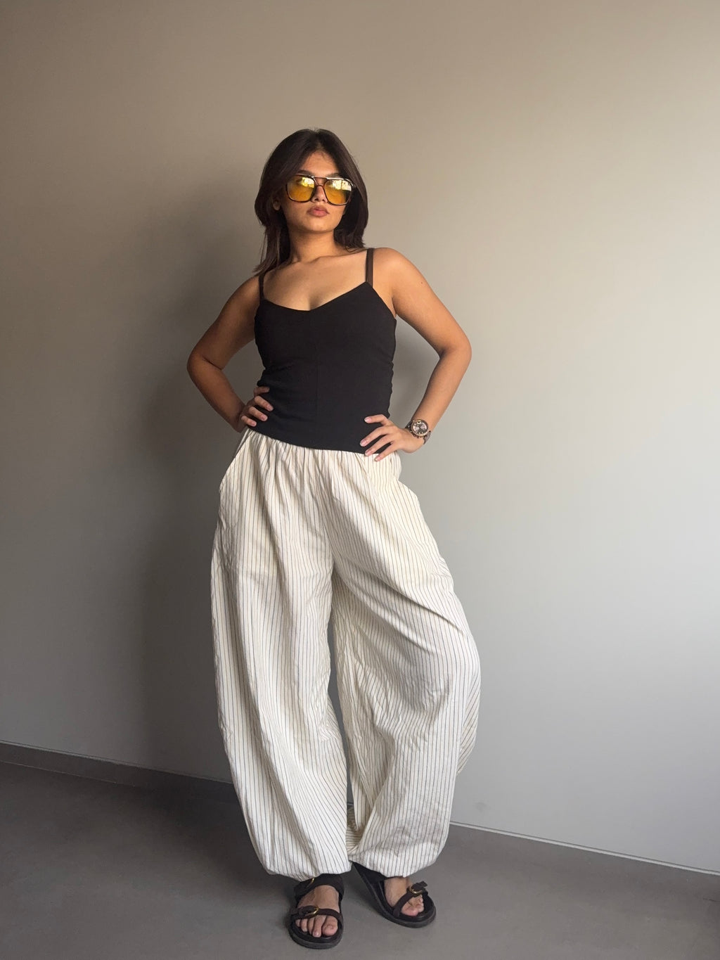 Mysha- Beige High Rise Striped Balloon Pants