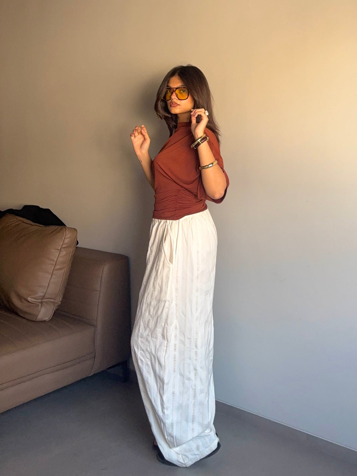 Mishri - White High Rise Barrel Pants