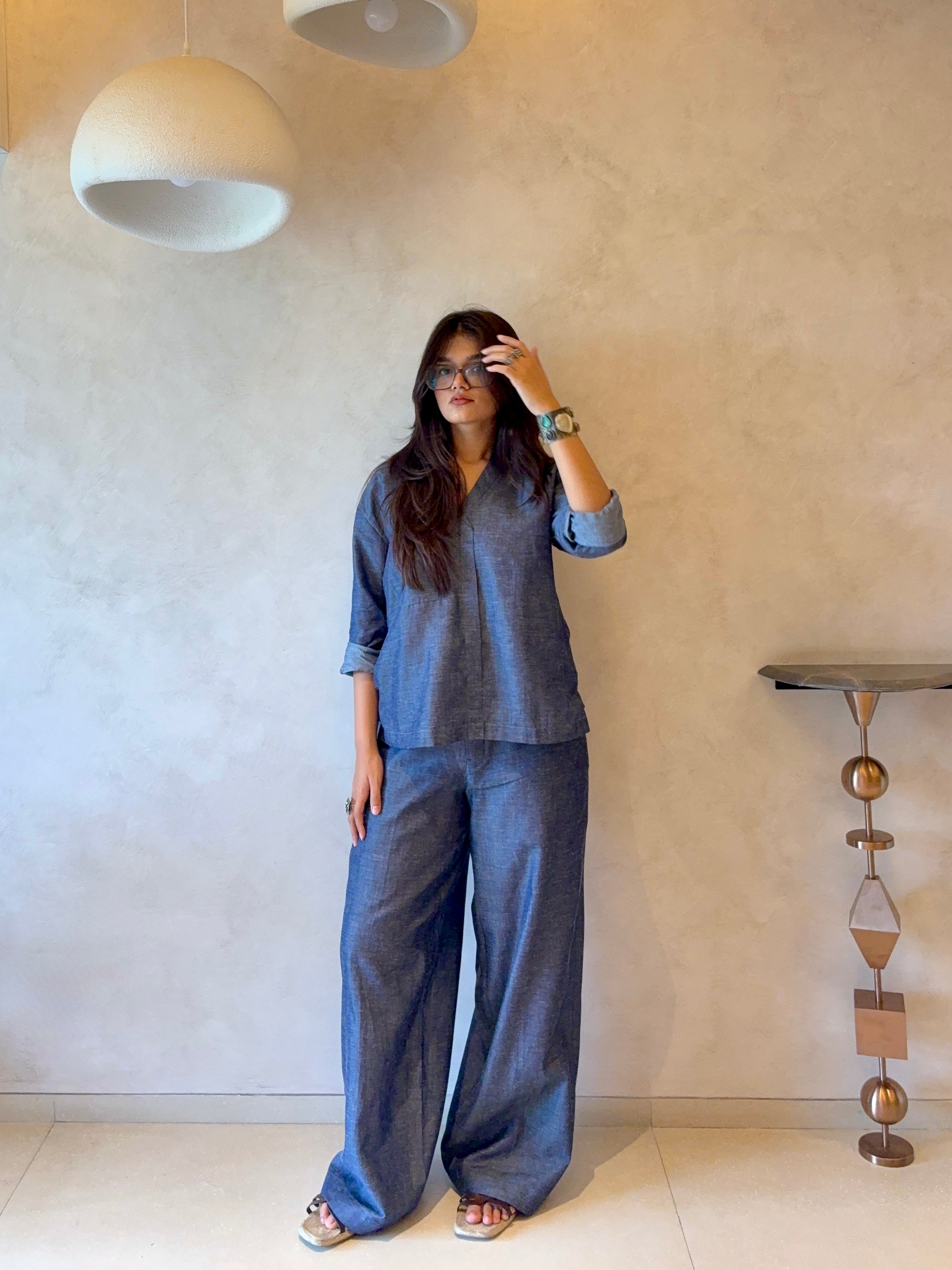 Denim Effect Linen Trousers