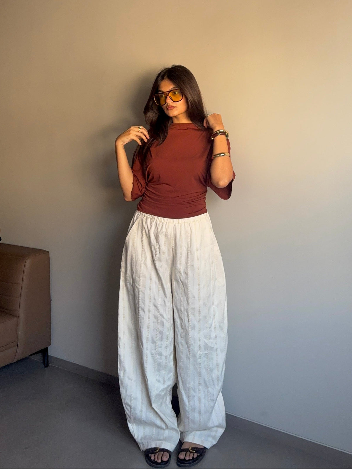 Mishri - White High Rise Barrel Pants