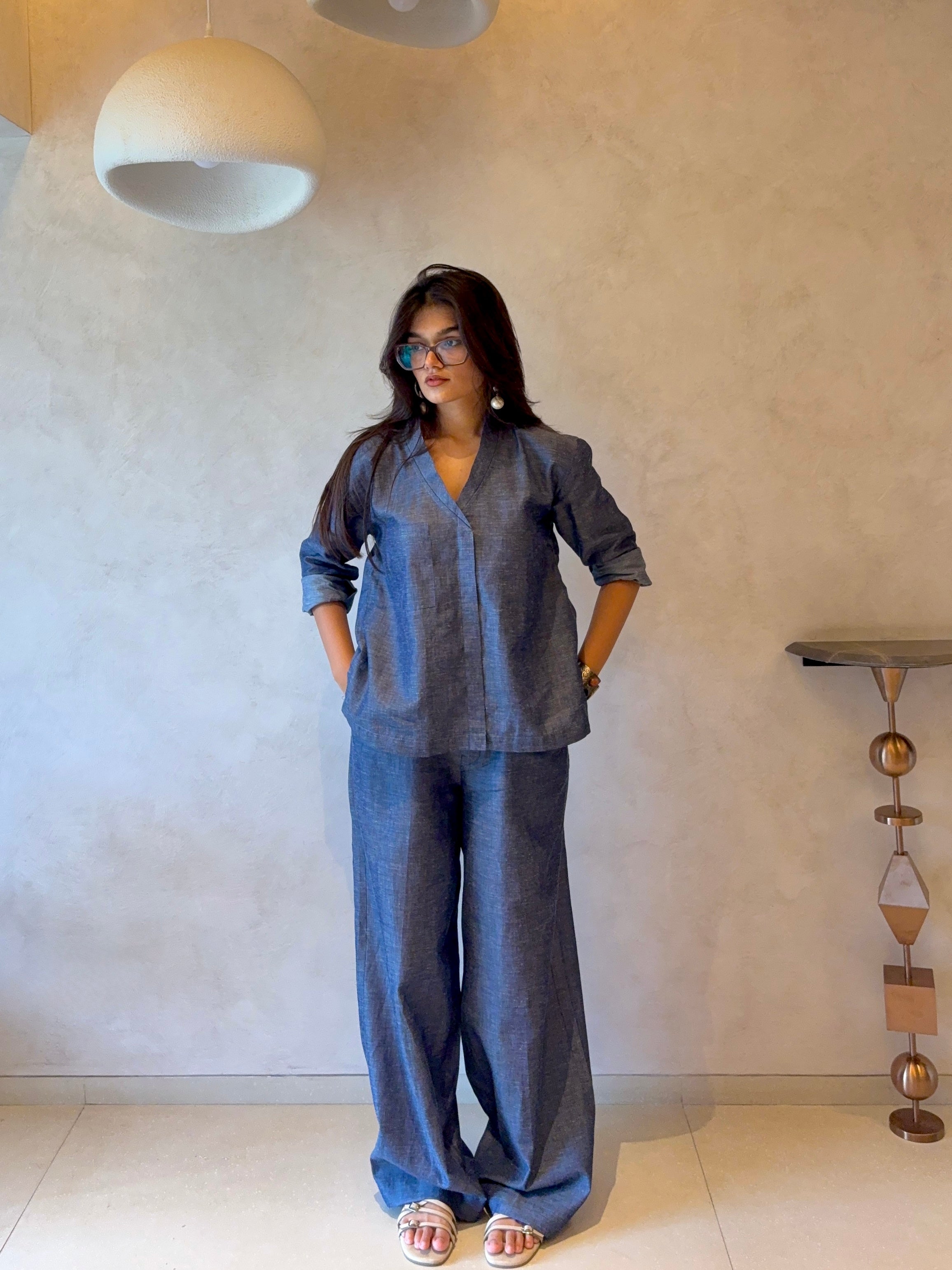 Denim Effect Linen Trousers