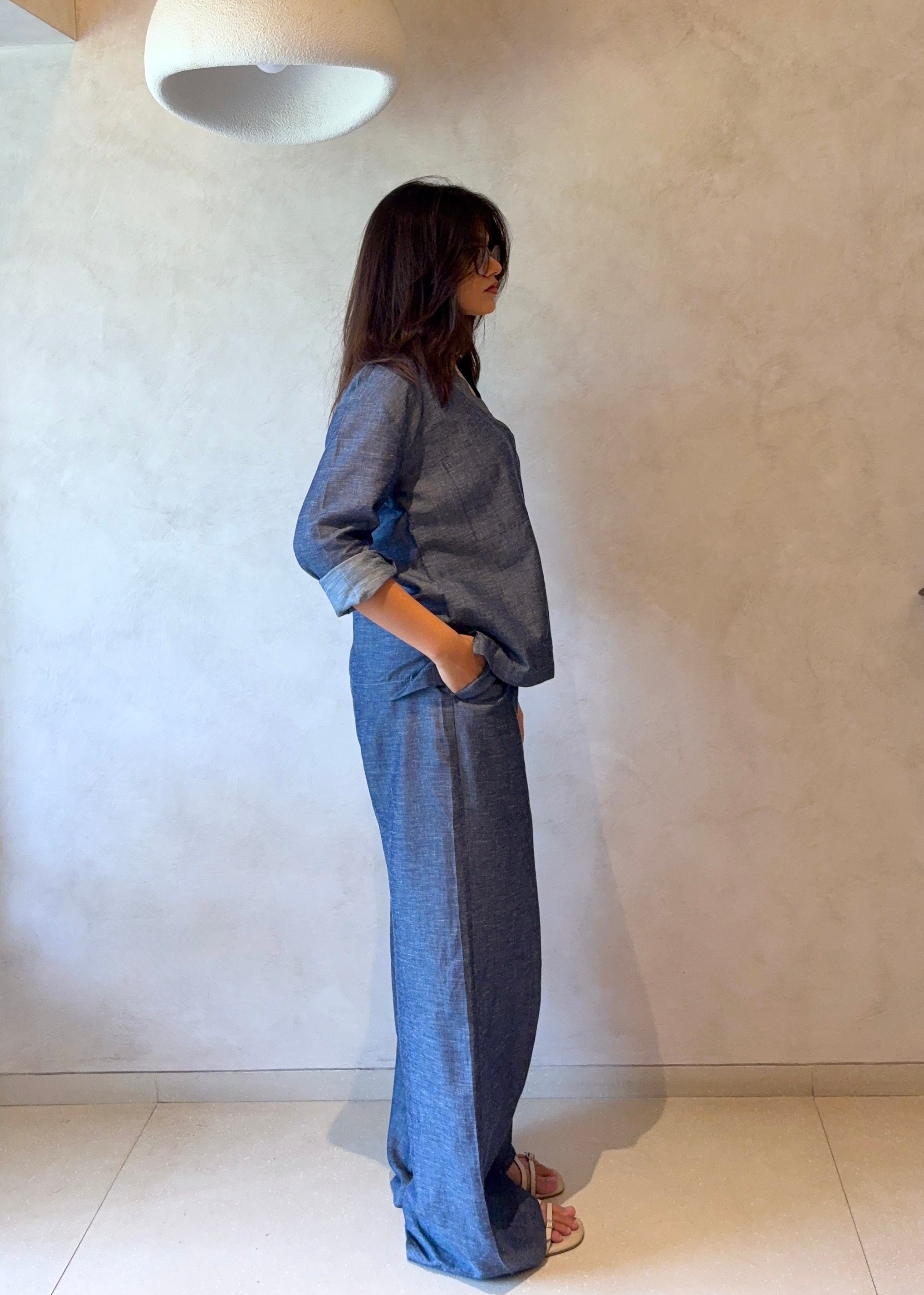 Denim Effect Cotton Trousers