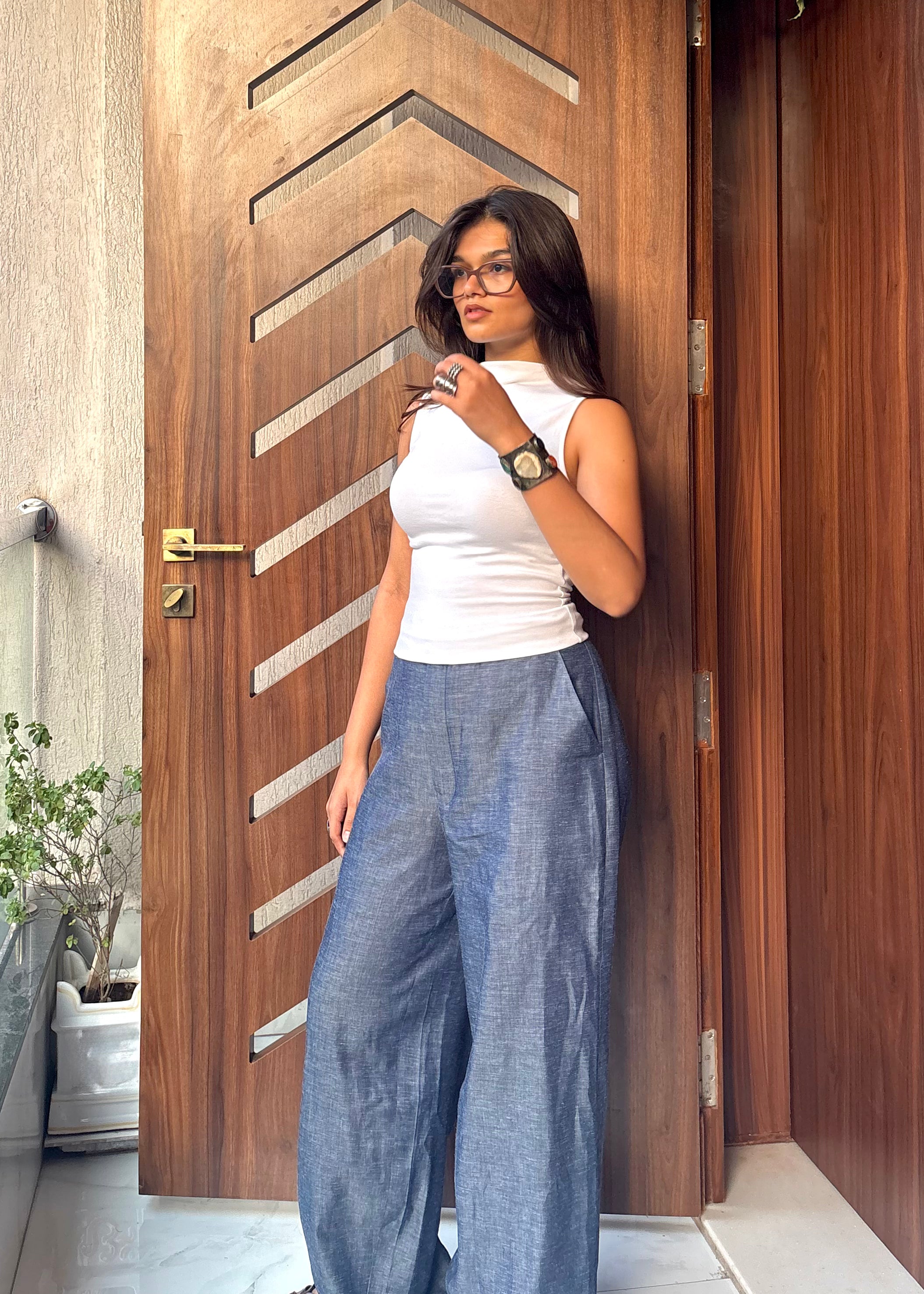 Denim Effect Linen Trousers