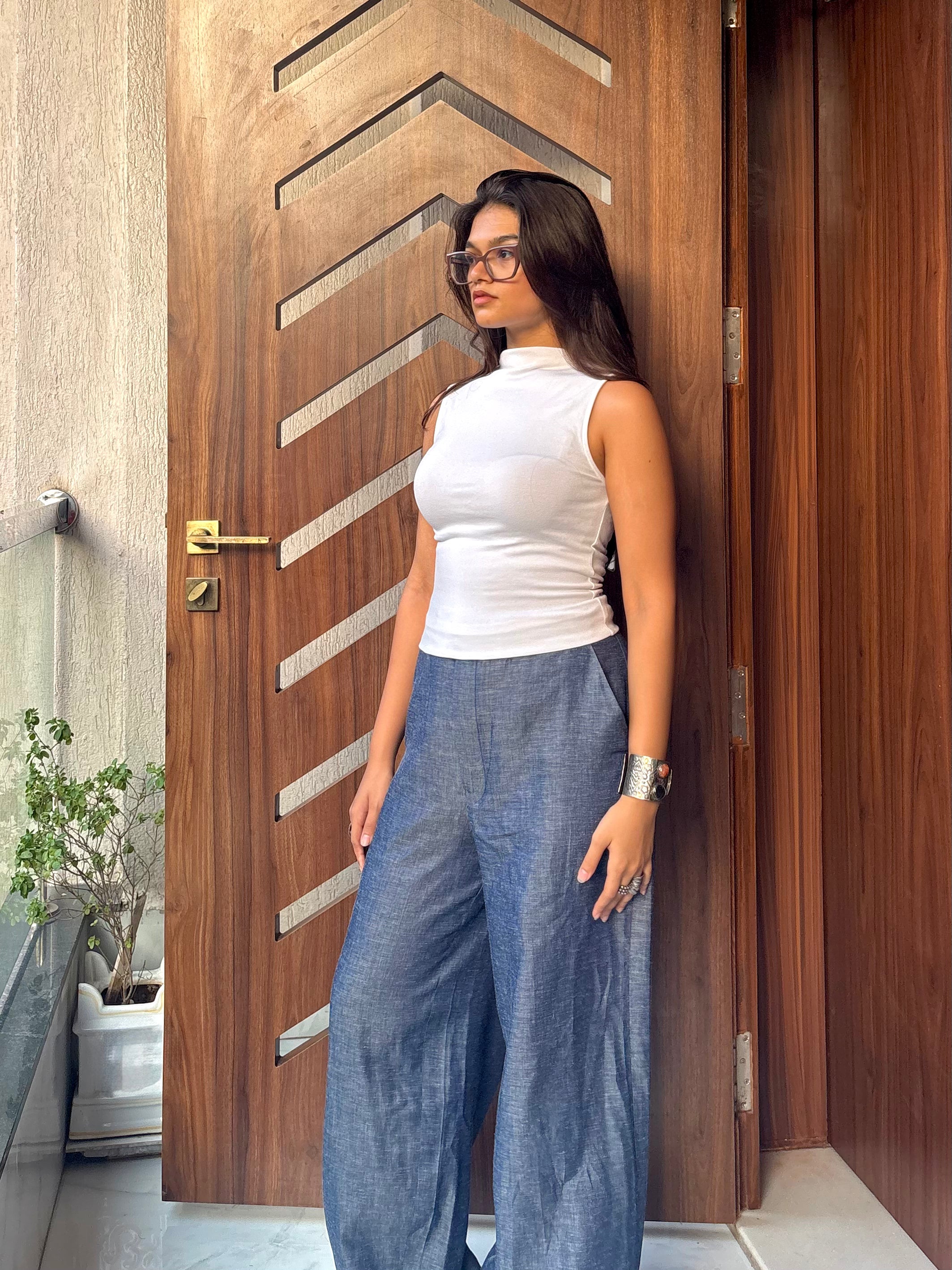 Denim Effect Cotton Trousers